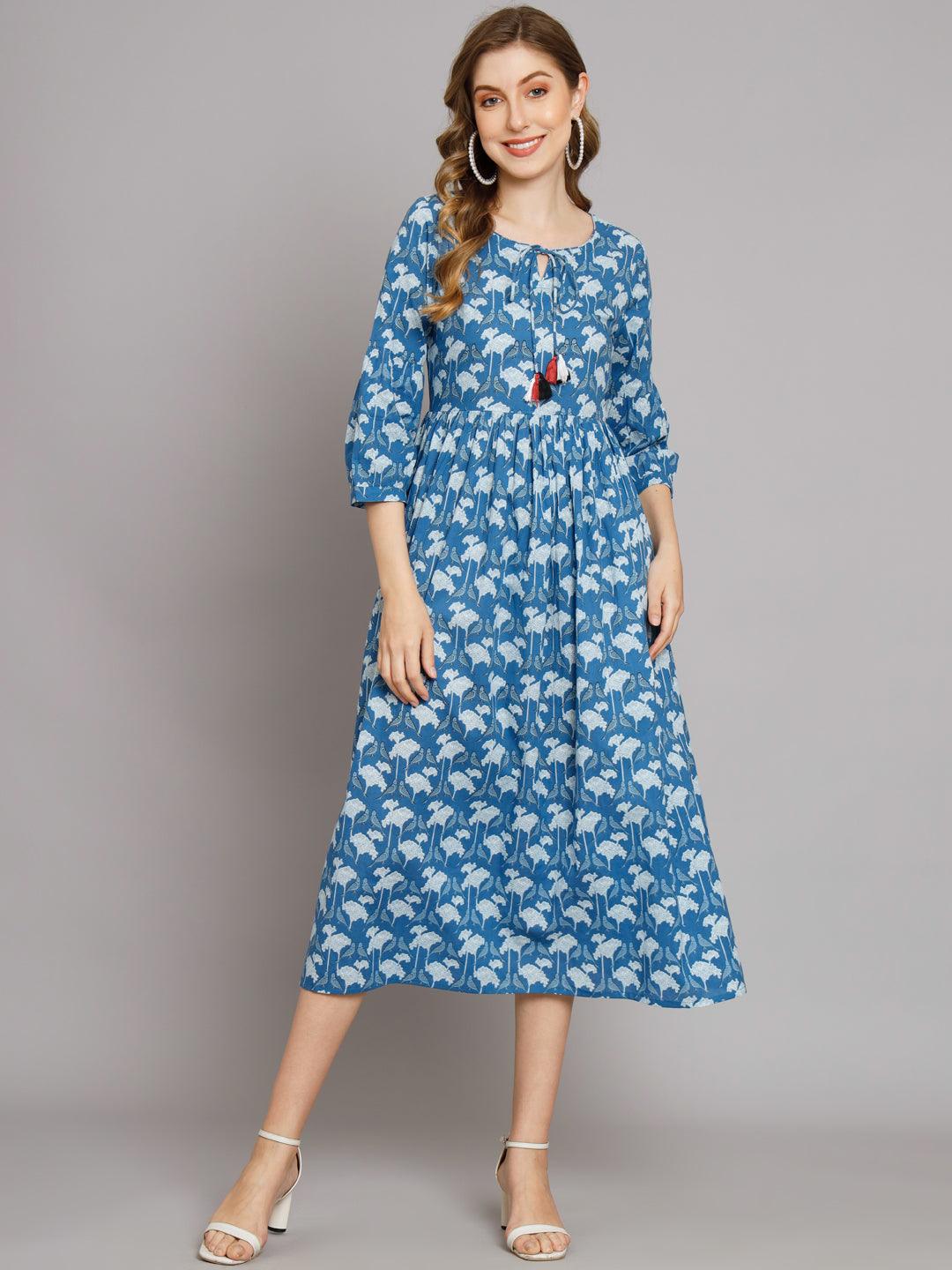 Women Blue Parrot Print Flared Cotton Pocket Dress - JAIPURHUTZ