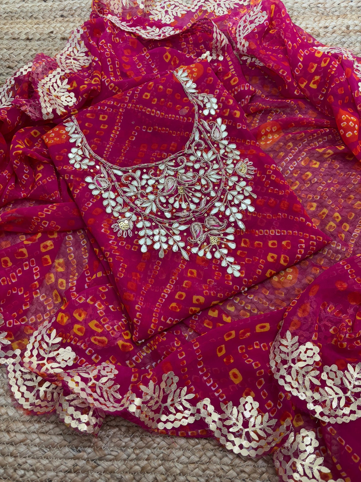 Zardosi Work 60 Gram Georgette Suit in Bandhej with Gota Border