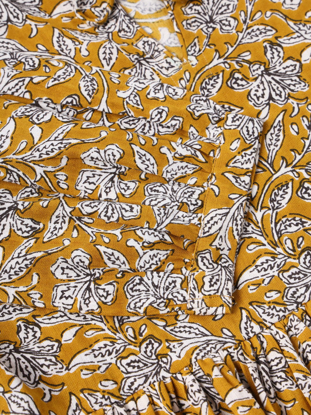 Mustard & White Printed Cotton Blend Cuffed Sleeve Dress