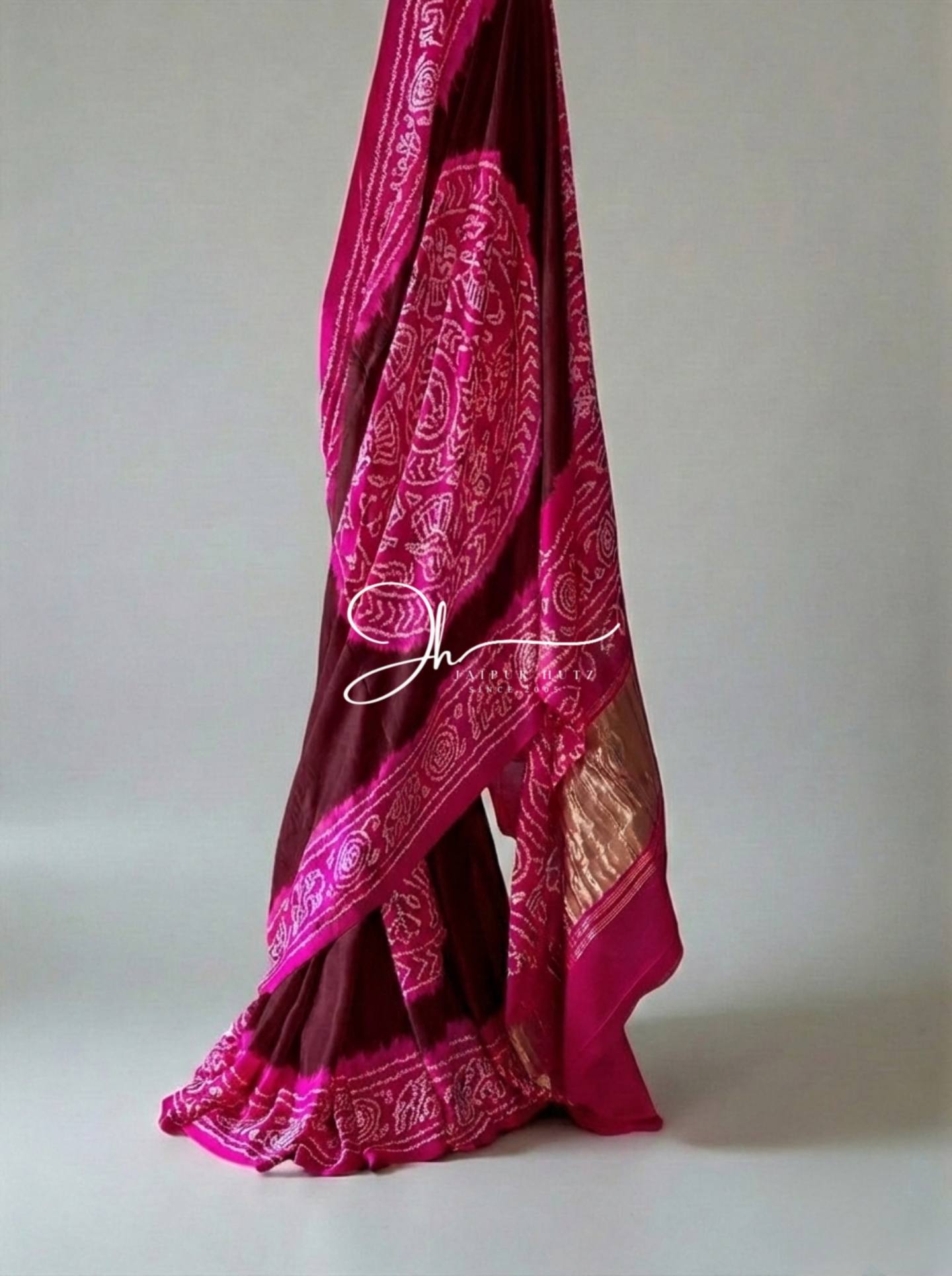 Regal Maroon & Rani Pink Pure Gajji Silk Rai Bandhej Saree with Rasmandal Border