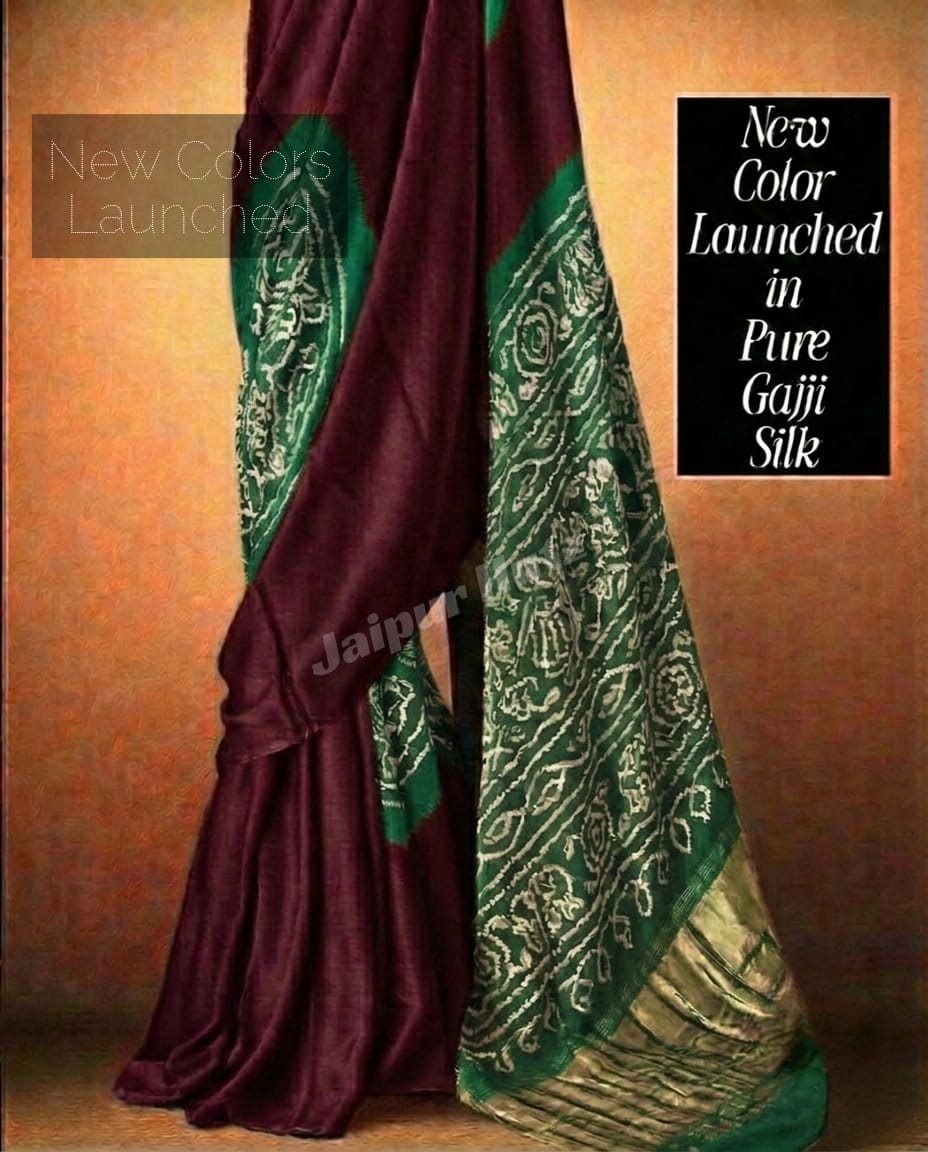 Maroon and Emerald Green Pure Gajji Silk Bandhani Saree with Lagdi Patta