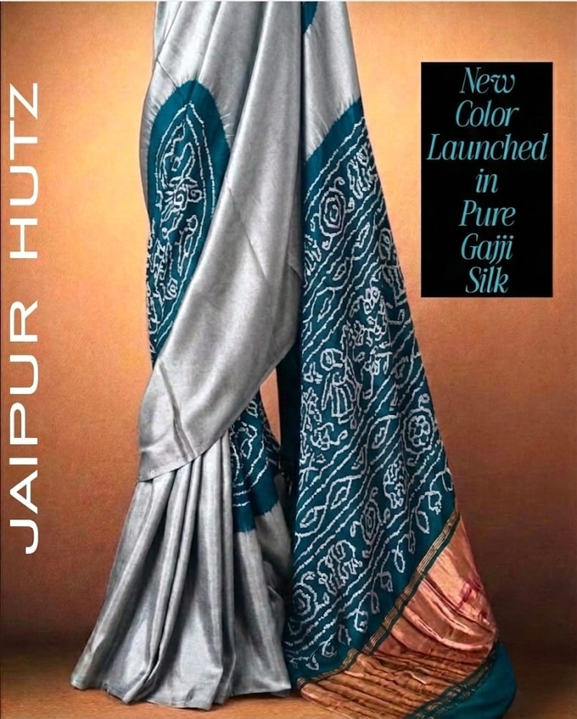 Pure Gajji Silk Bandhej Saree in Steel Grey & Teal Blue