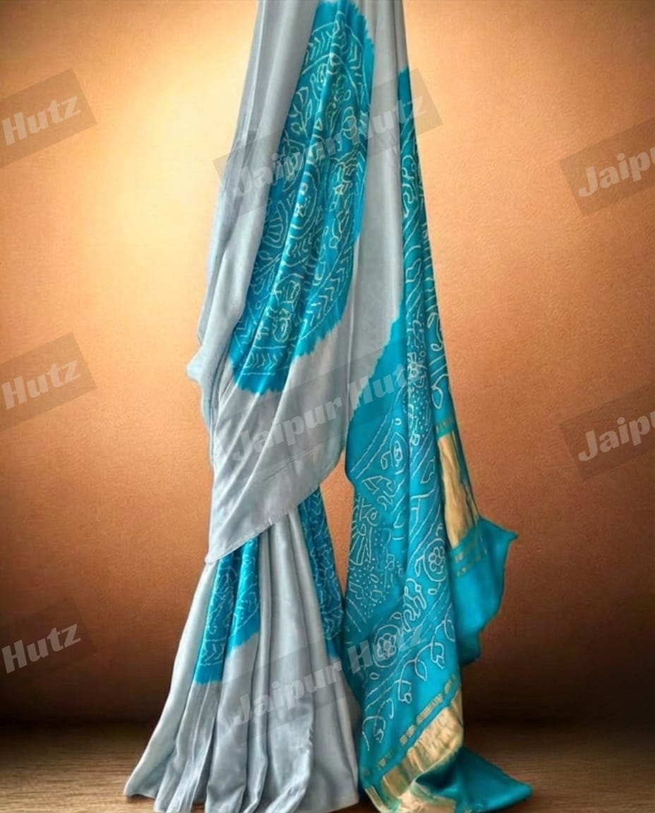 Gajji Silk Raasmandal Bandhej Saree in Powder Blue & Turquoise