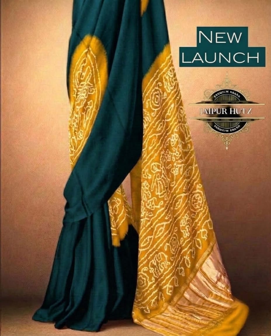 Bottle Green & Mustard Yellow Hand-Knotted Gajji Silk Bandhej Saree