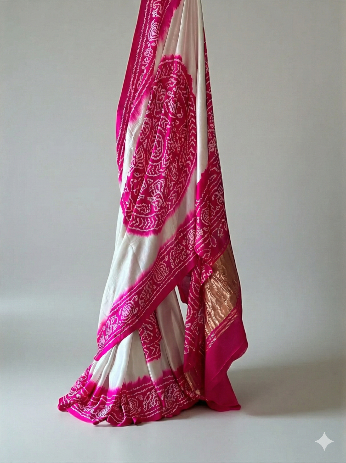 Ethereal White & Rani Pink Rasmandal Design Bandhej Saree in Gajji Silk Fabric