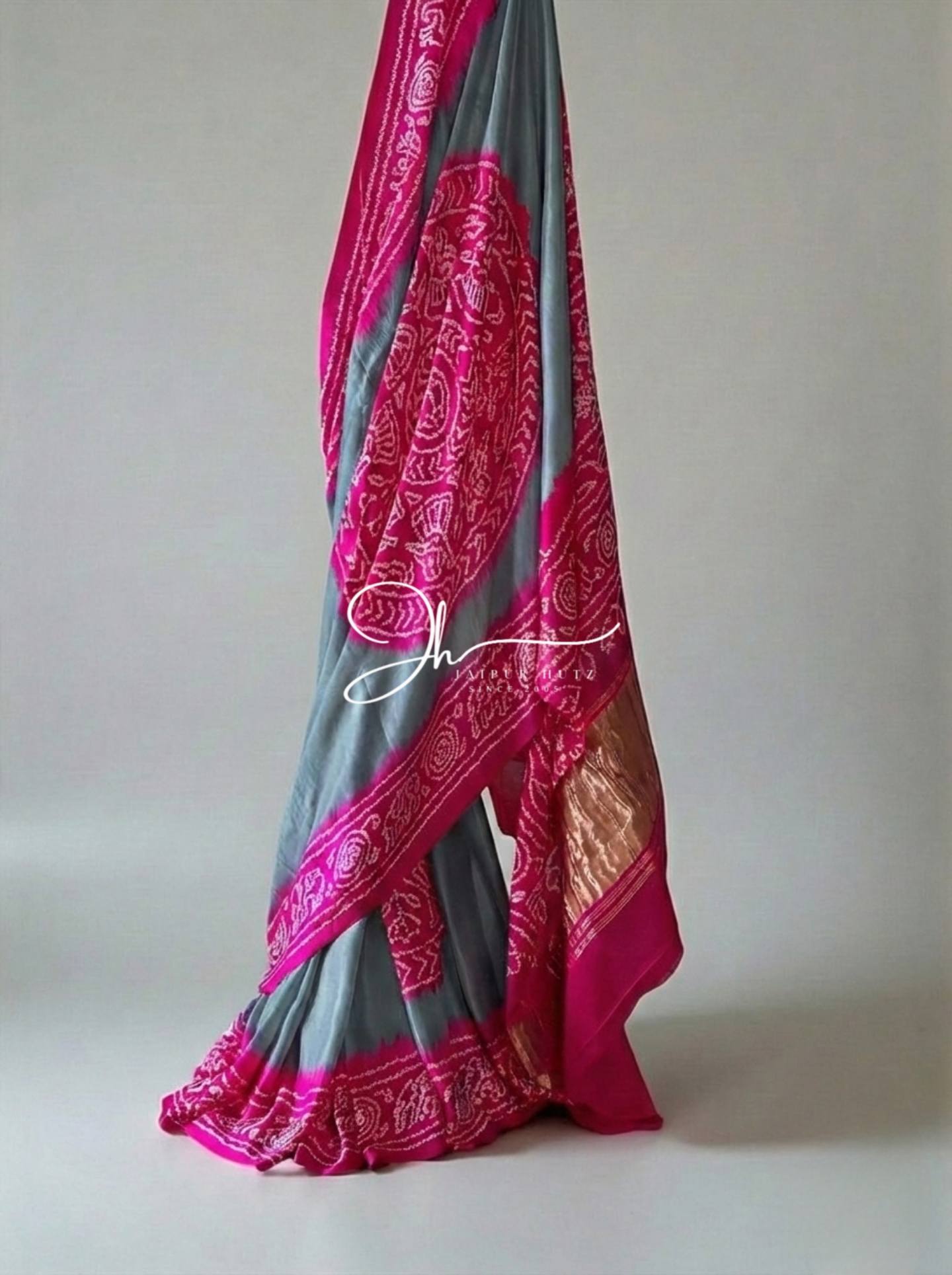 Elegant Grey & Rani Pink Pure Gajji Silk Rai Bandhej Saree with Rasmandal Border