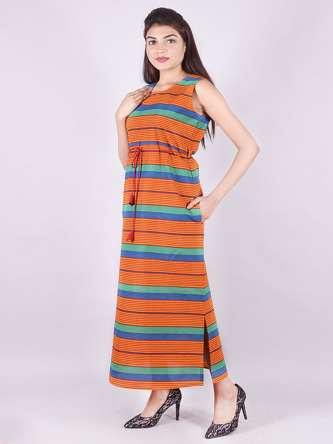 Cotton Block Printed Orange Round Neck Women'S Maxi Dress