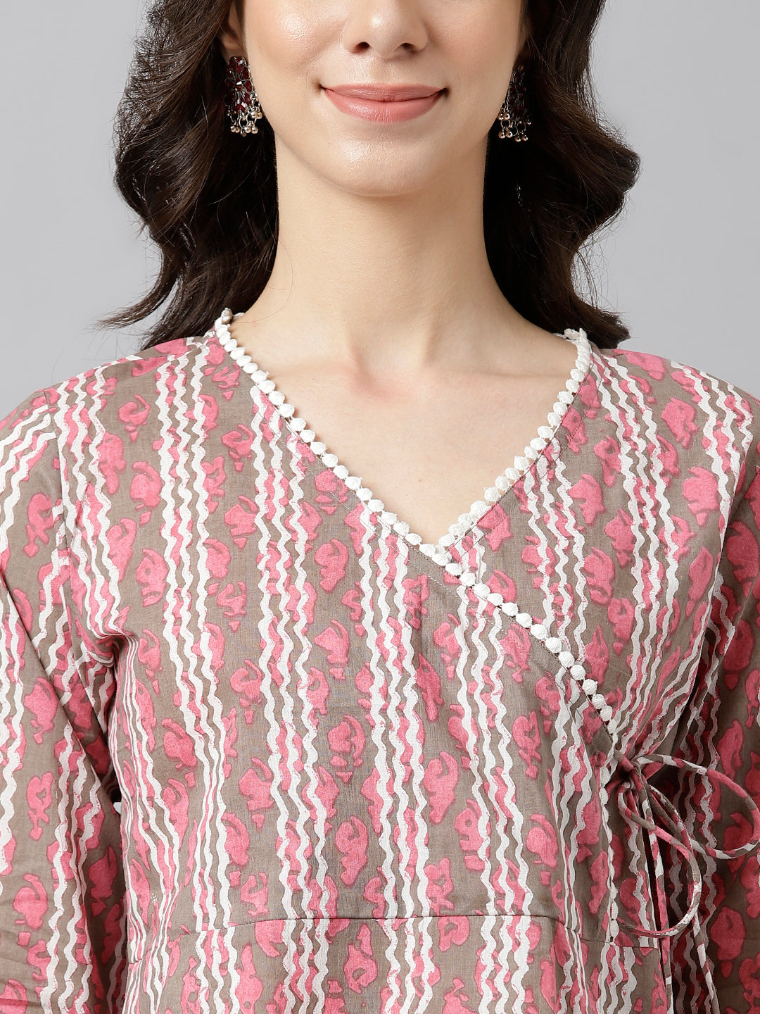 Pink and White Stripe Printed Cotton Wrap Top