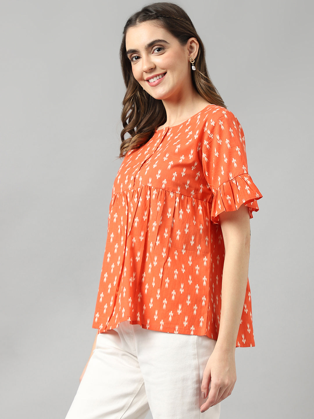 Cotton Red Ikkat A-Line Gathered Round Neck Short Sleeve Top