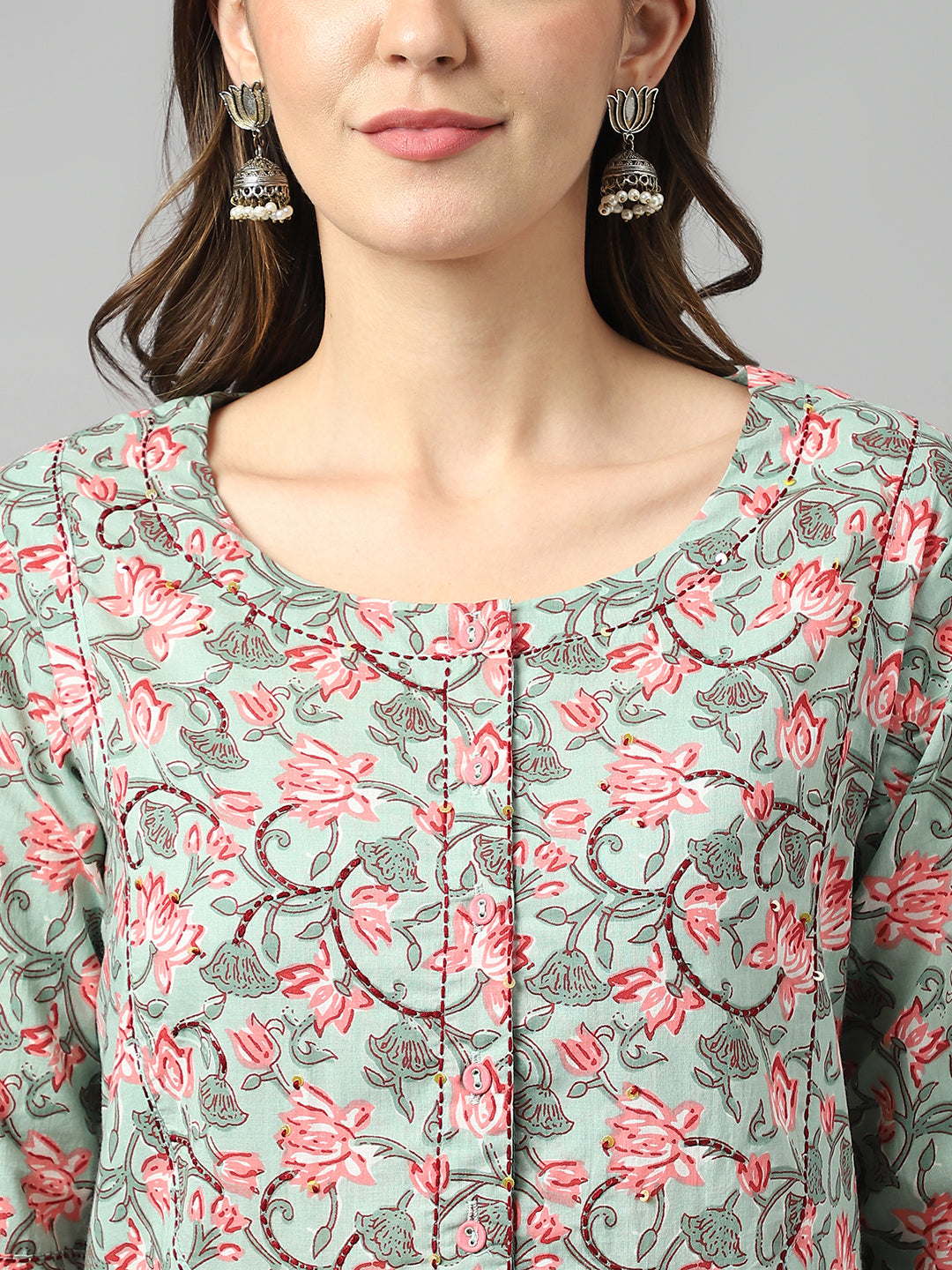 Seagreen Ethnic Motif Floral Print Suit Set