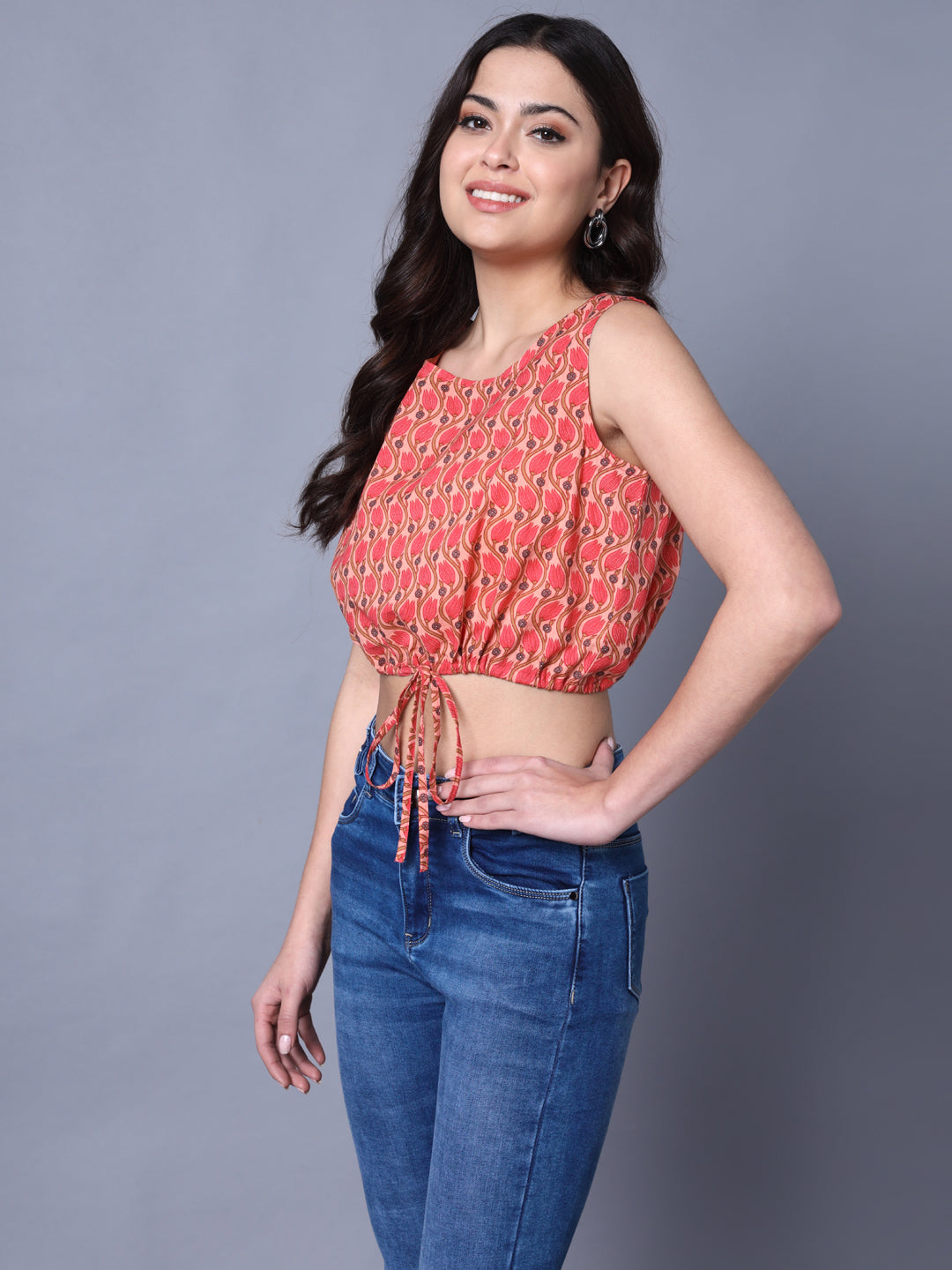 Womens'S Cotton Pink Floral Cutsleeves Printed Top