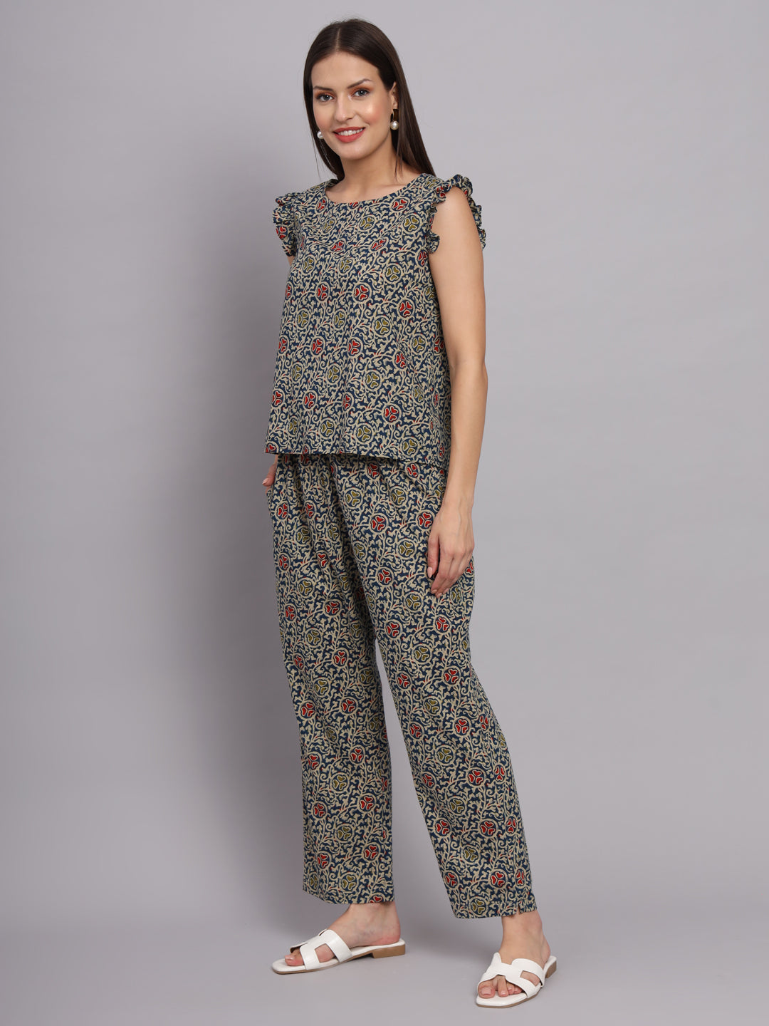 Dark Blue Cotton Print Top & Pant Co-Ord Set