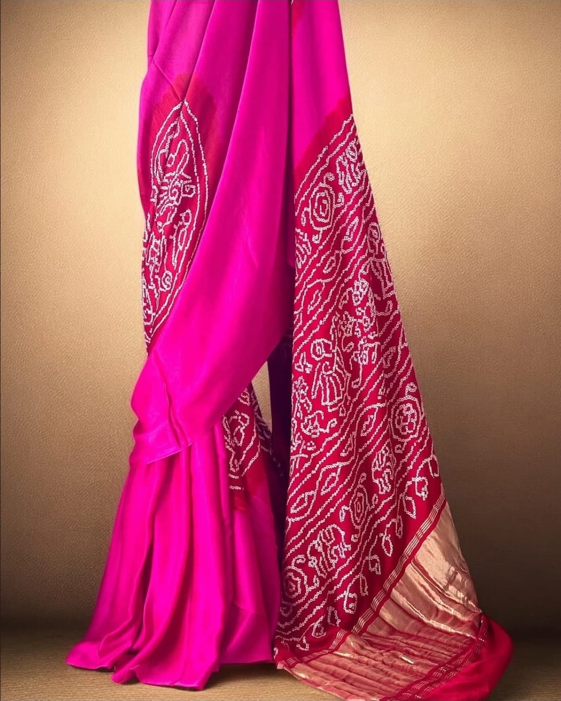Hot Pink Radiance: Pure Gajji Silk Saree in Rai Bandhej and Rasmandal Design
