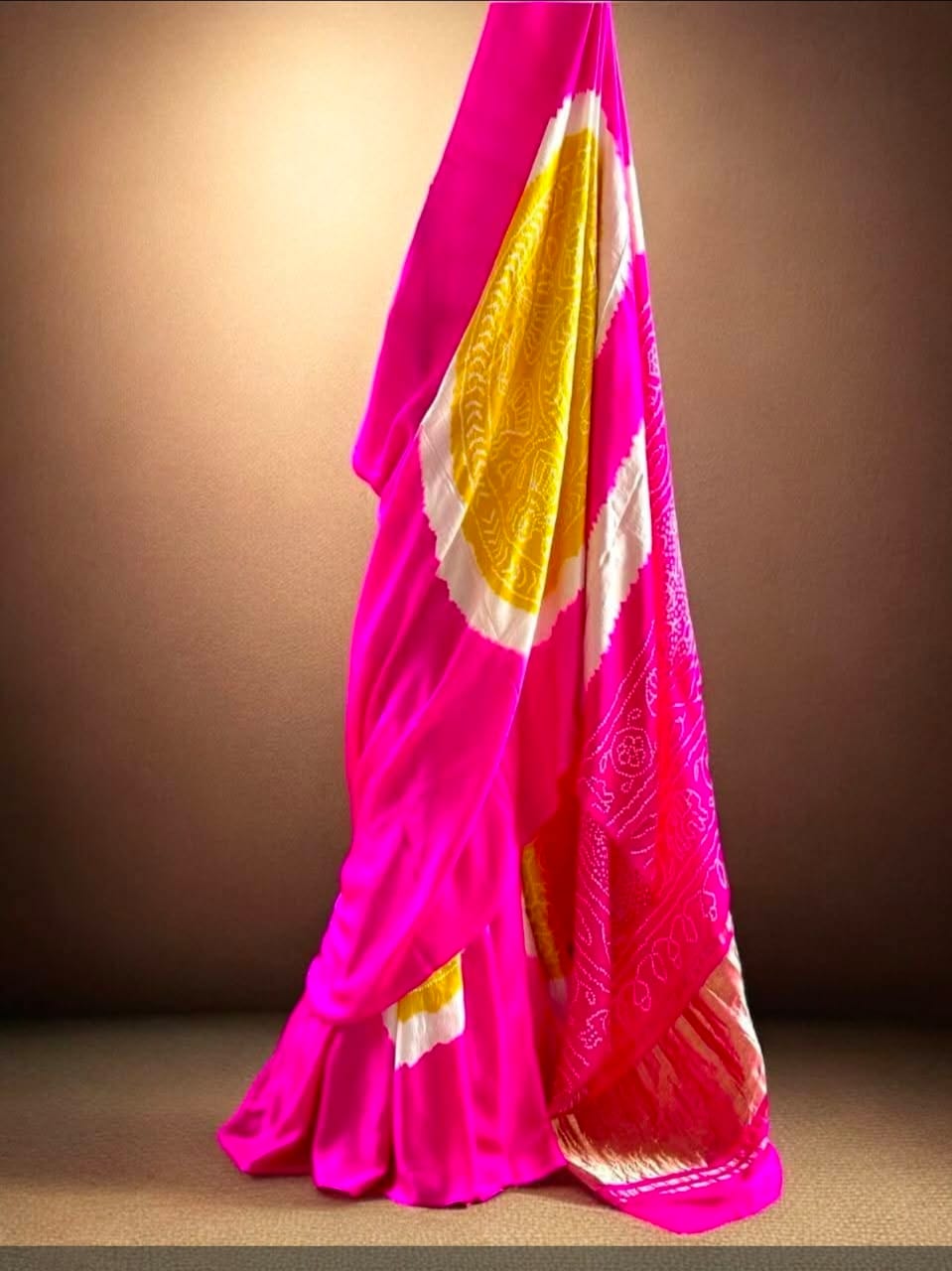 Vibrance of Kutch: Pure Gajji Silk Rani Pink & Yellow Rasmandal Saree