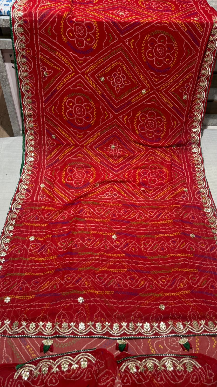 American Georgette Bandhani Saree with Handcrafted Gota Patti Work