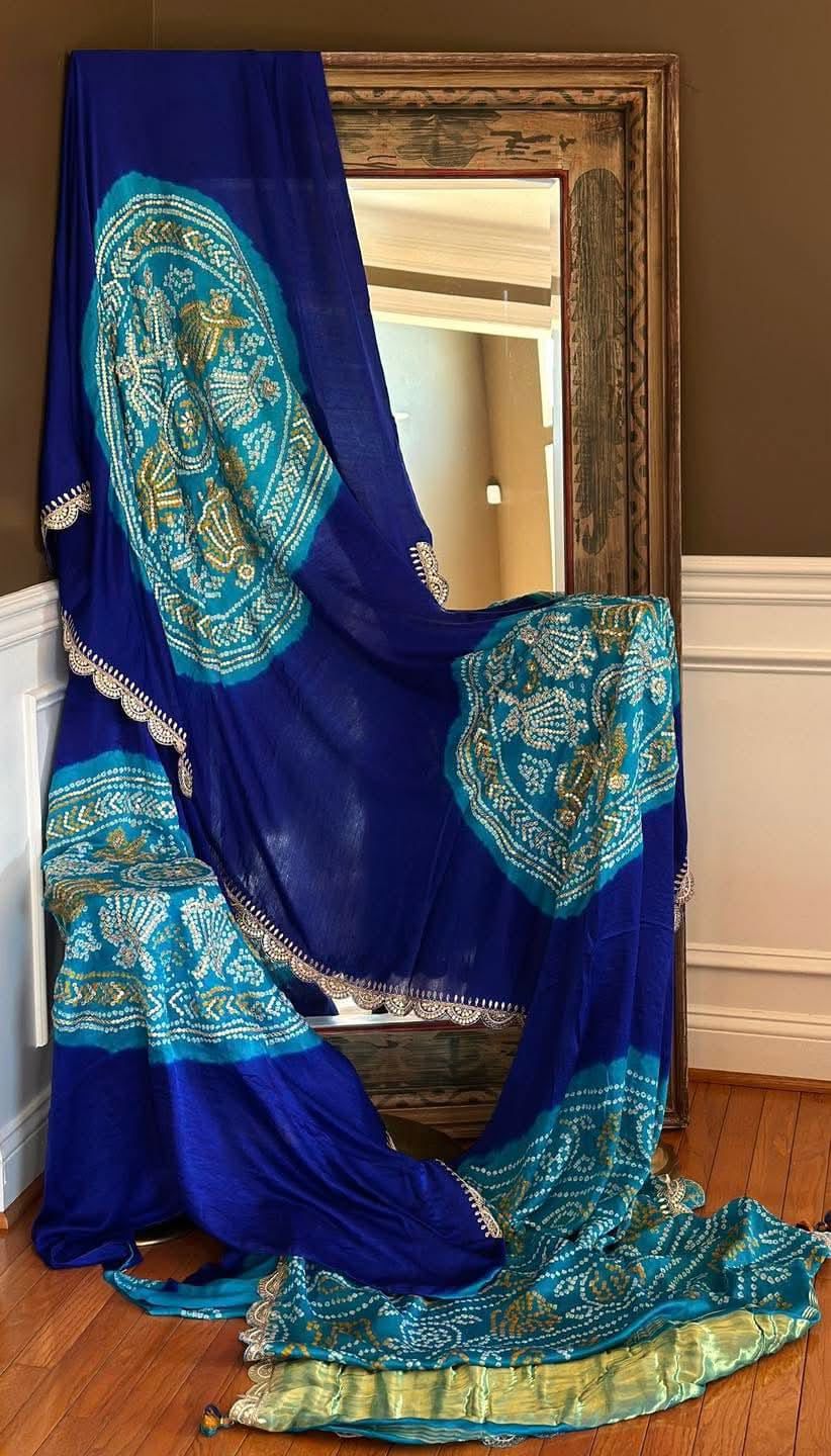 Royal Blue & Teal Blue Bandhani-Inspired Pure Gajji Silk Saree with Scalloped Gota & Kardana Handwork