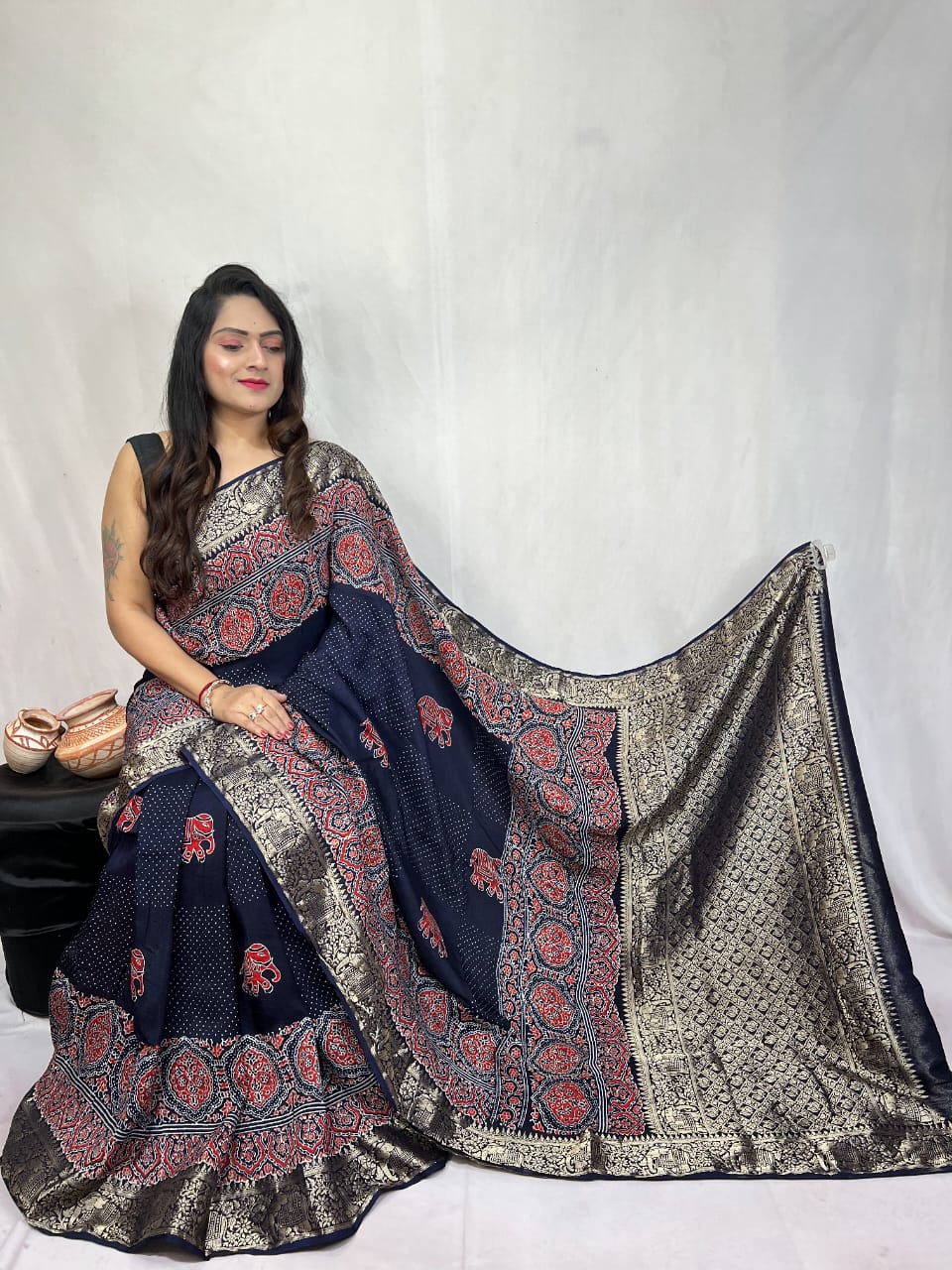 Pure Dola Silk Ajarakh Print Sarees