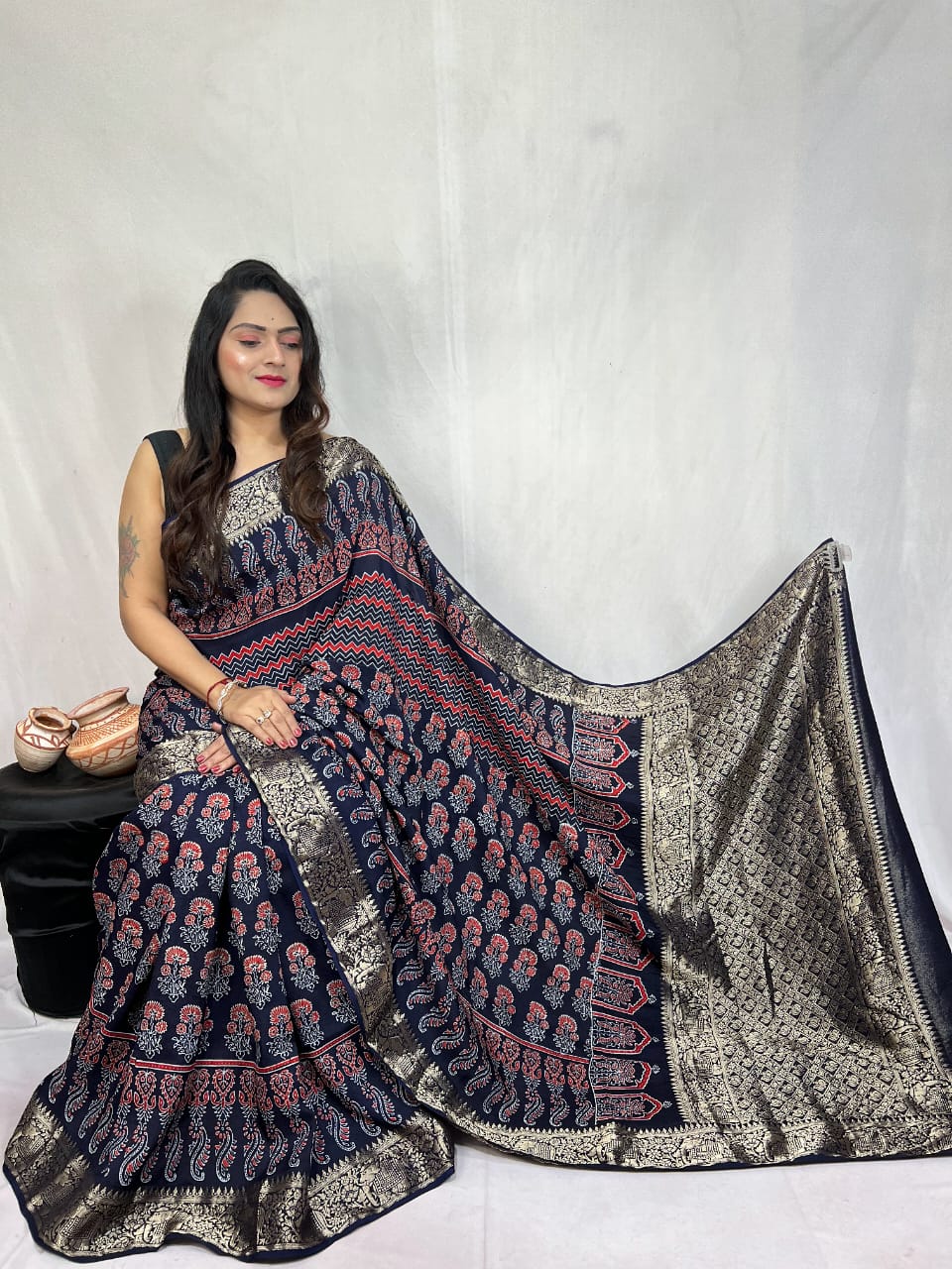 Pure Dola Silk Ajarakh Print Sarees