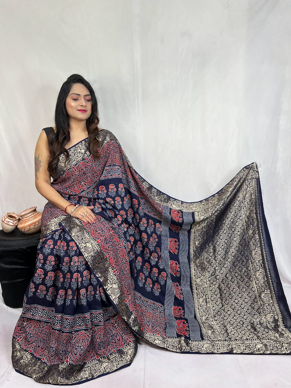 Pure Dola Silk Ajarakh Print Sarees