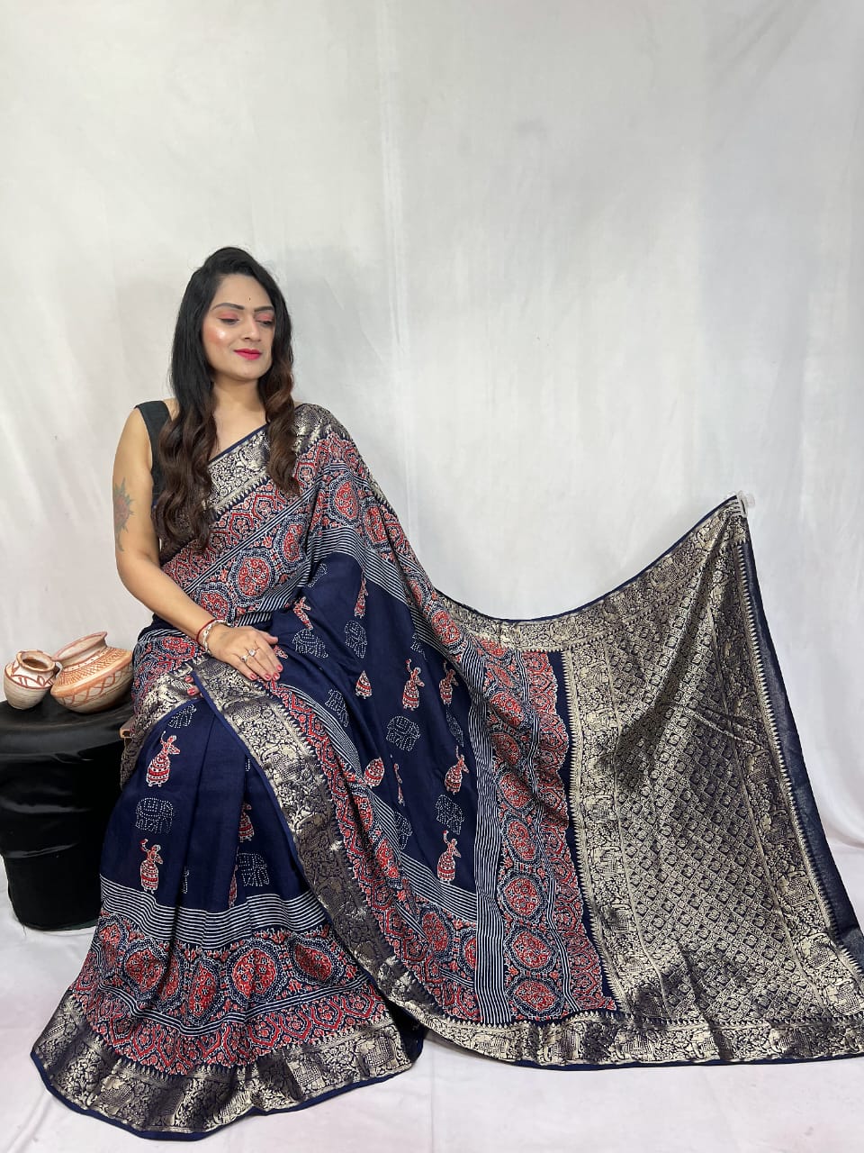 Pure Dola Silk Ajarakh Print Sarees