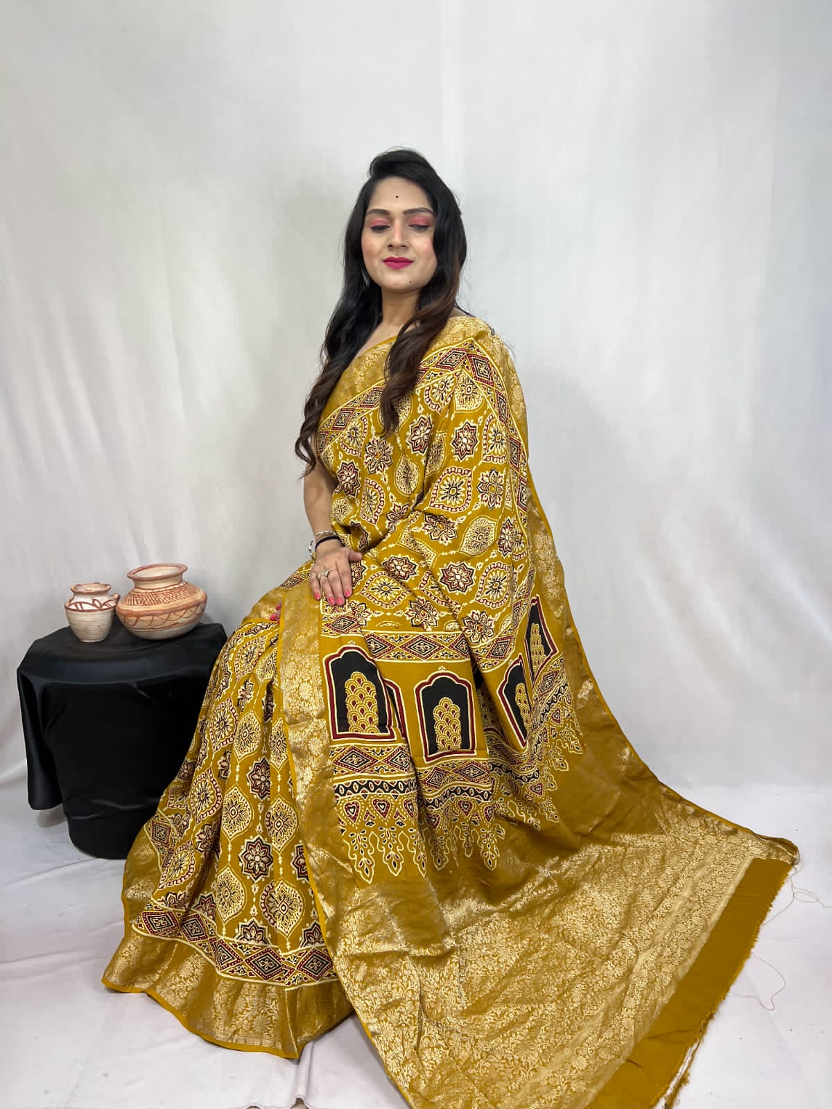 Pure Dola Silk Ajarakh Print Sarees