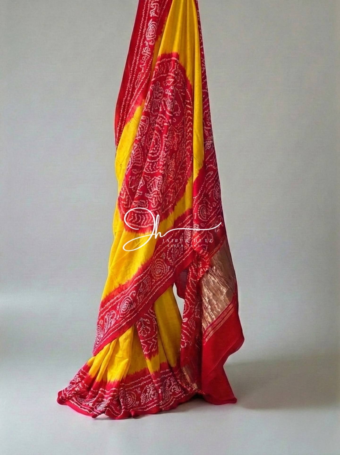 Radiant Yellow & Red Gajji Silk Bandhani Saree with Rasmandal Border