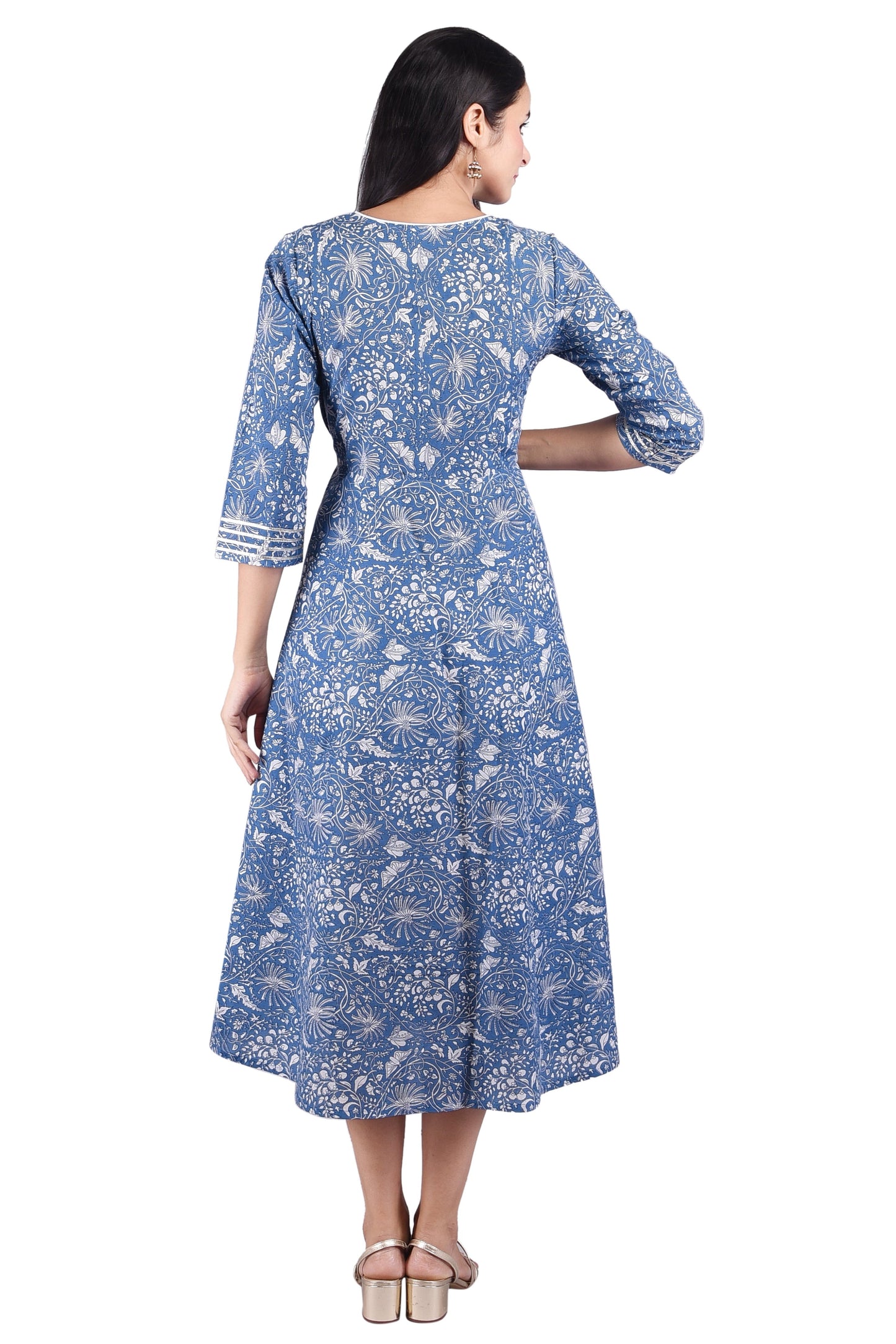 Blue Printed Cotton Anarkali With Multicolour Gotta Tussel