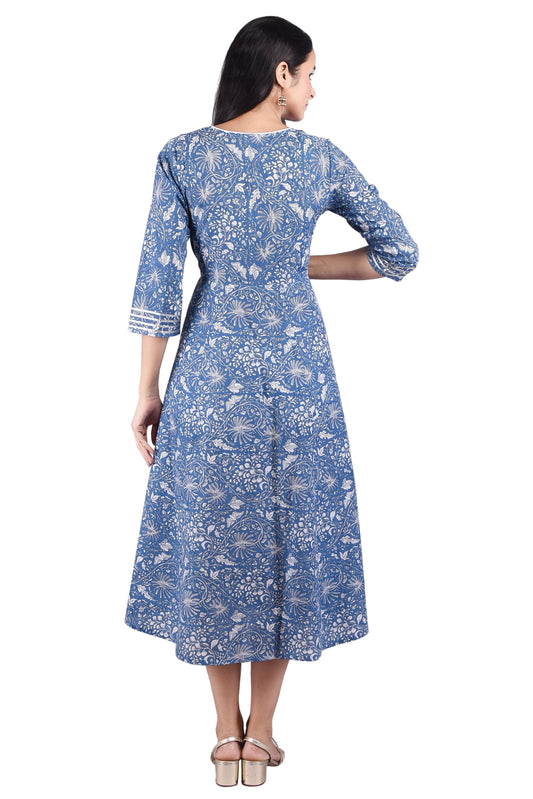 Blue Printed Cotton Anarkali With Multicolour Gotta Tussel