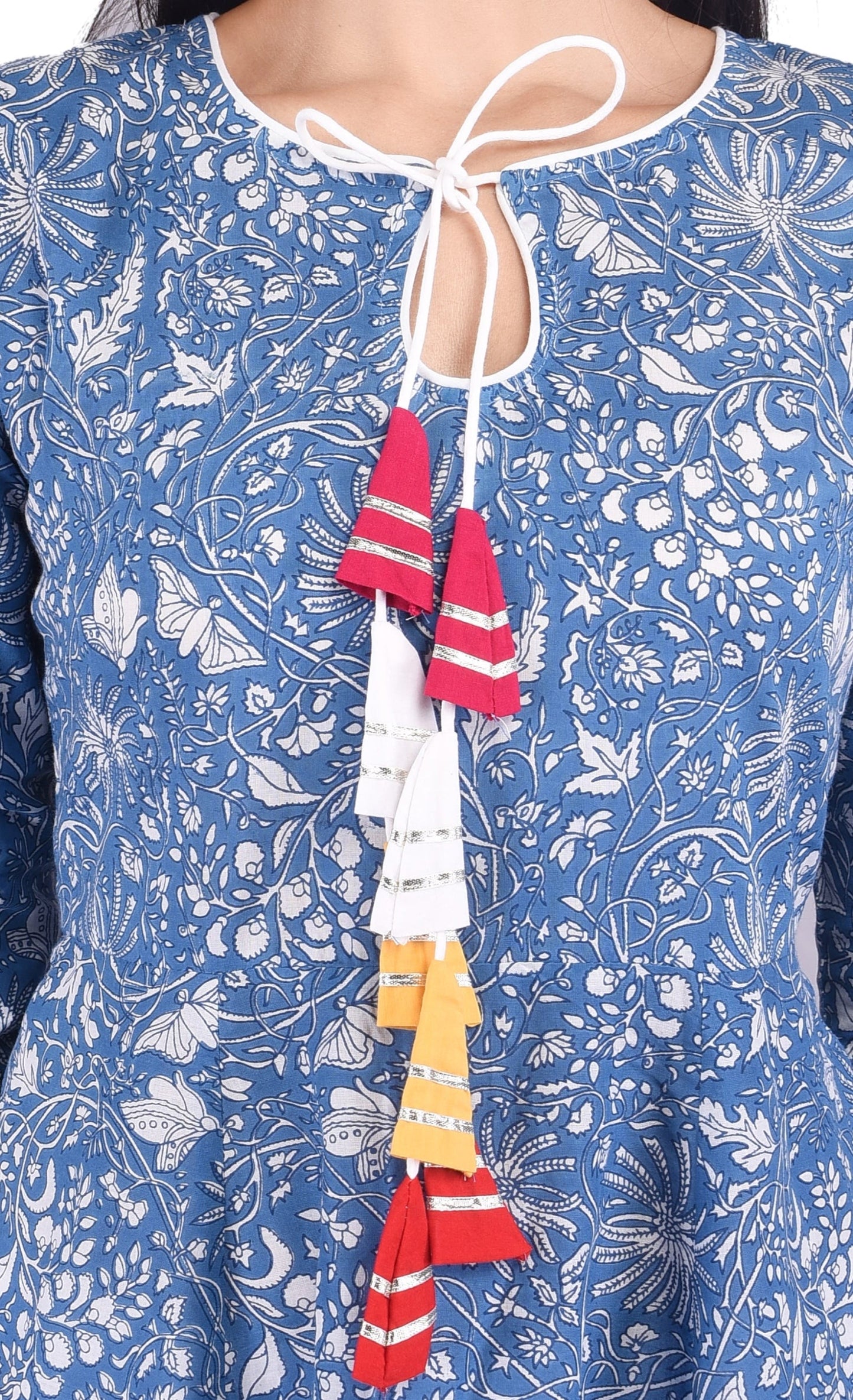 Blue Printed Cotton Anarkali With Multicolour Gotta Tussel