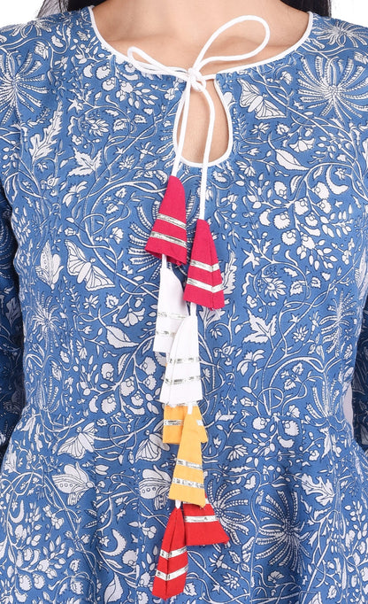 Blue Printed Cotton Anarkali With Multicolour Gotta Tussel