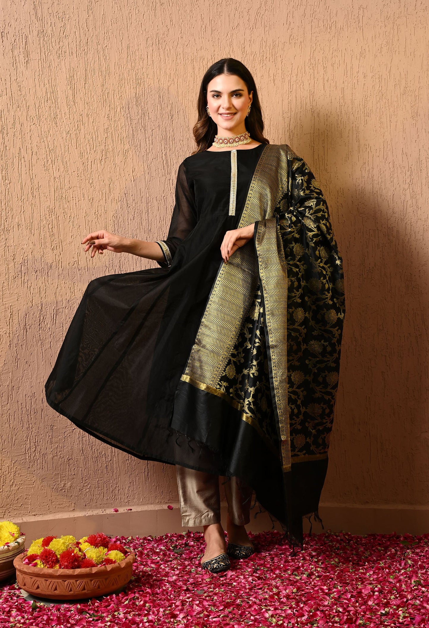 Black Chanderi Kurta Pant Dupatta Set