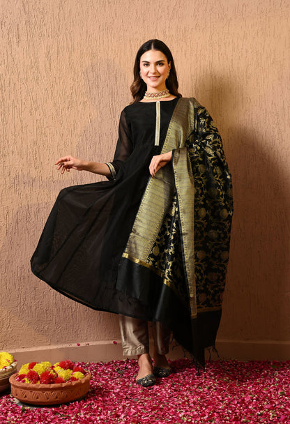 Black Chanderi Kurta Pant Dupatta Set