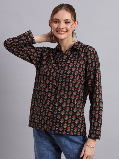 Black Cotton Shirt Style Top