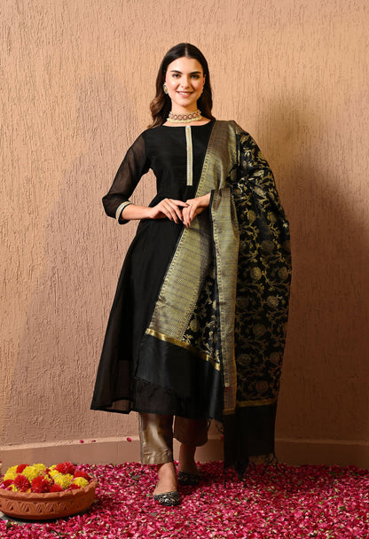 Black Chanderi Kurta Pant Dupatta Set