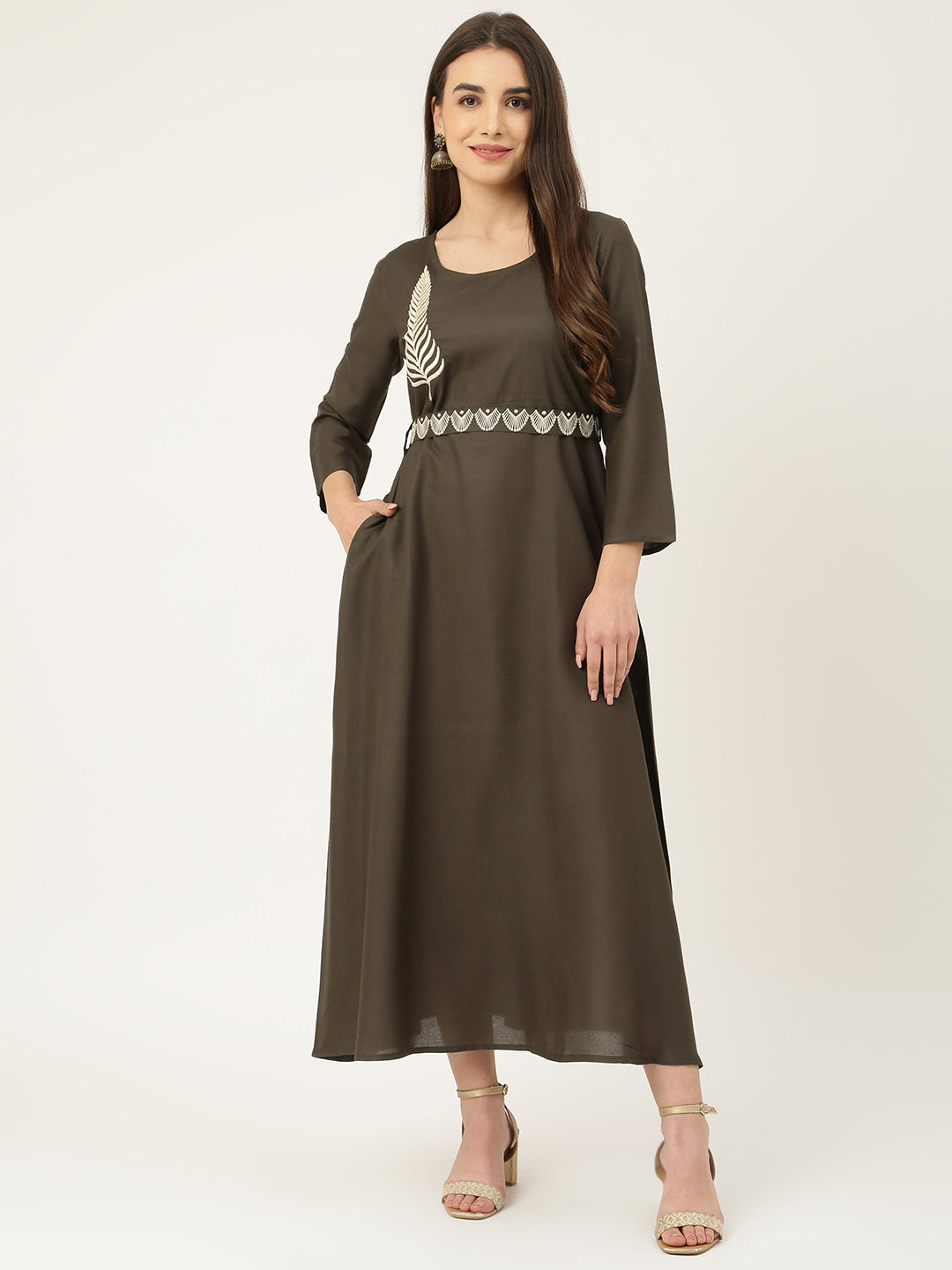 Grey Rayon Embroidered Flared Dress