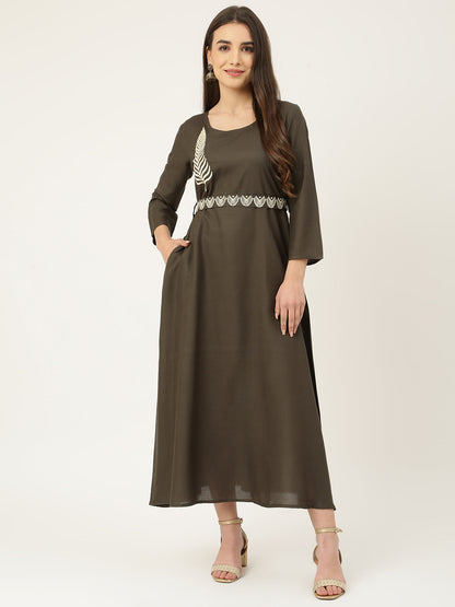 Grey Rayon Embroidered Flared Dress