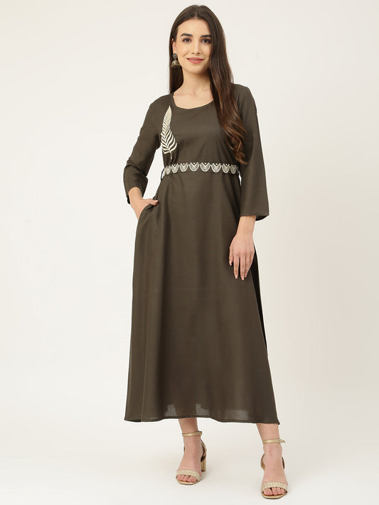 Grey Rayon Embroidered Flared Dress