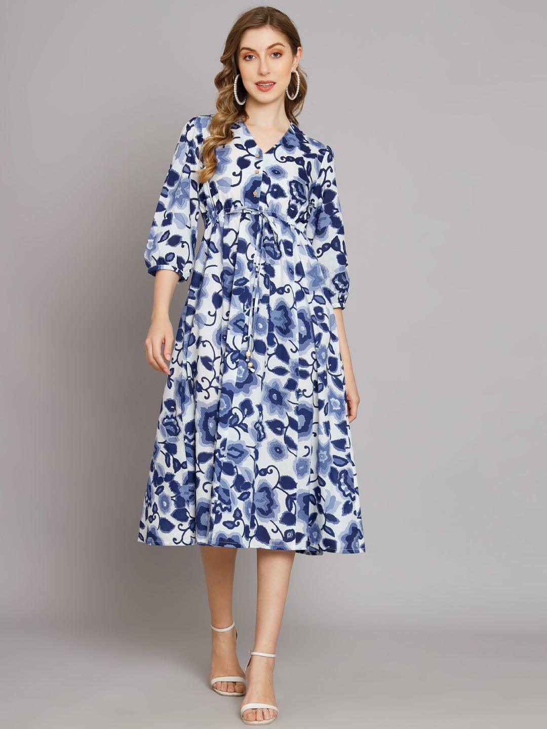 Abstract Blue Flared Dress - JAIPURHUTZ