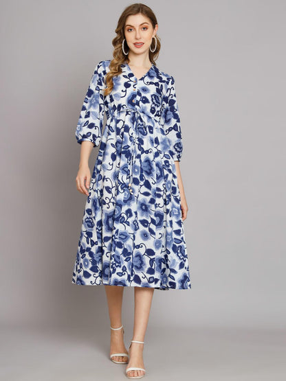Abstract Blue Flared Dress - JAIPURHUTZ