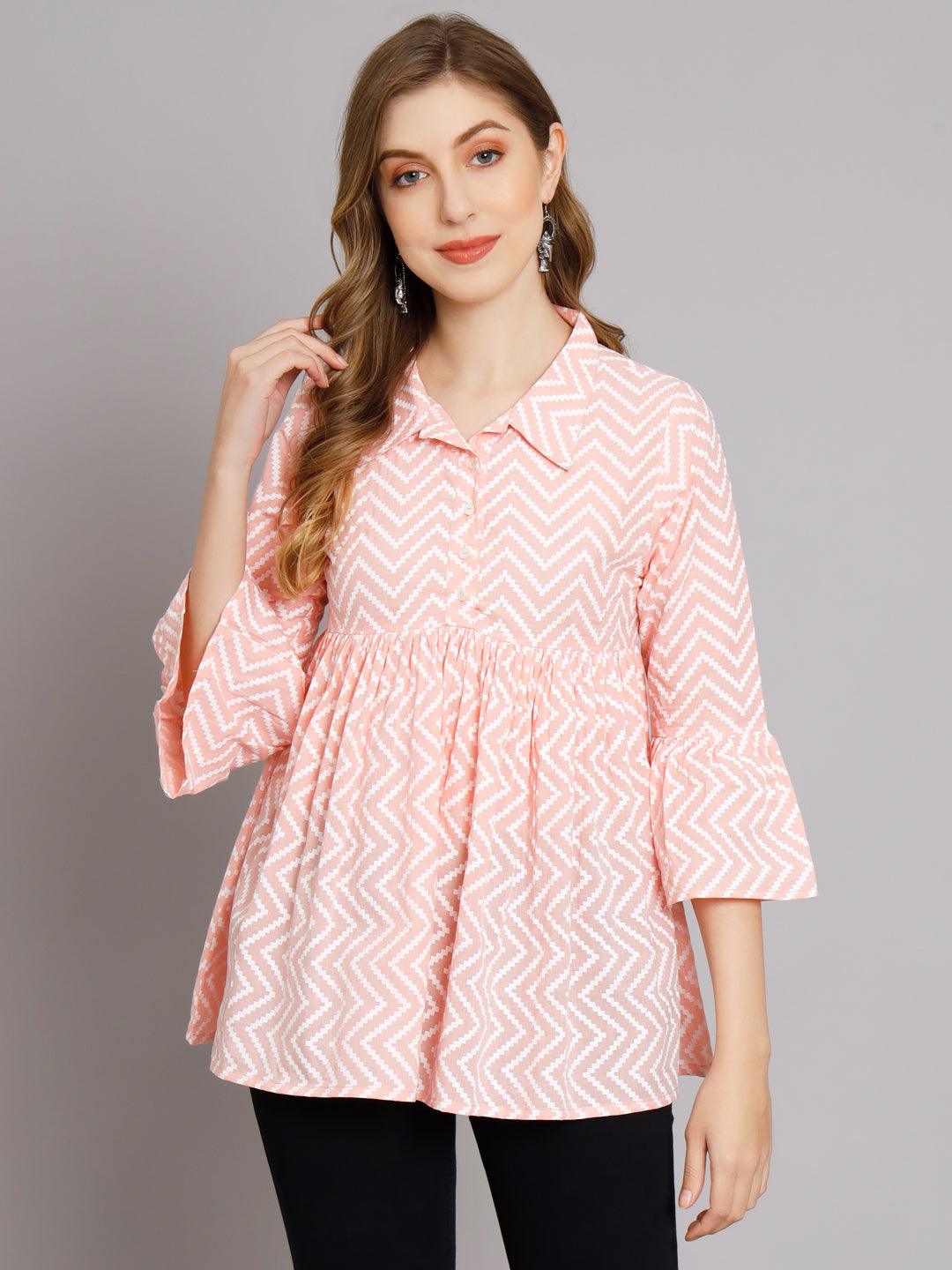 Blush Pink Chevron Print Cotton Top - JAIPURHUTZ