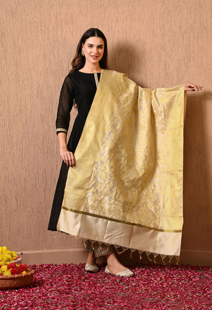 Cream Gold Silk Banarasi Dupatta