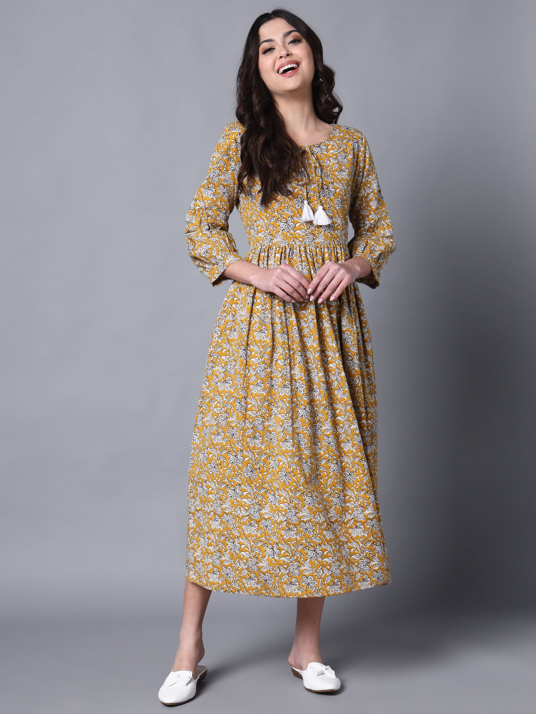 Mustard & White Printed Cotton Blend Cuffed Sleeve Dress