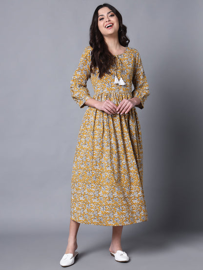 Mustard & White Printed Cotton Blend Cuffed Sleeve Dress