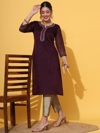 Wine Embroidered Chanderi Kurta