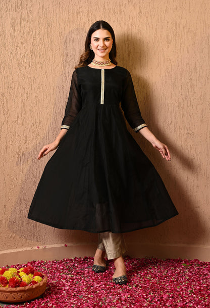 Black Chanderi Kurta Pant Dupatta Set