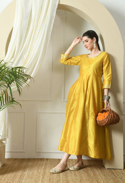Yellow Cotton Silk Gown Dress