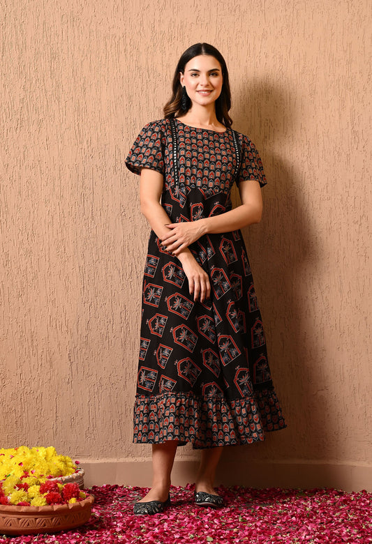 Black Floral Fit and Flare Dress