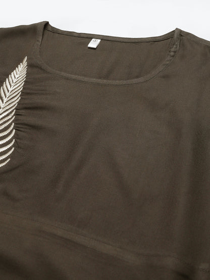 Grey Rayon Embroidered Flared Dress