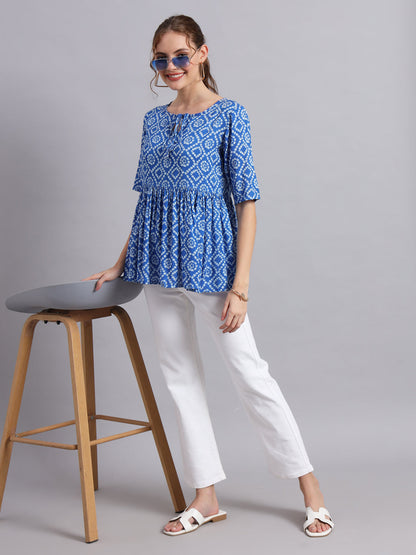 Blue Printed Bandhej Viscose Keyhole Neck Top