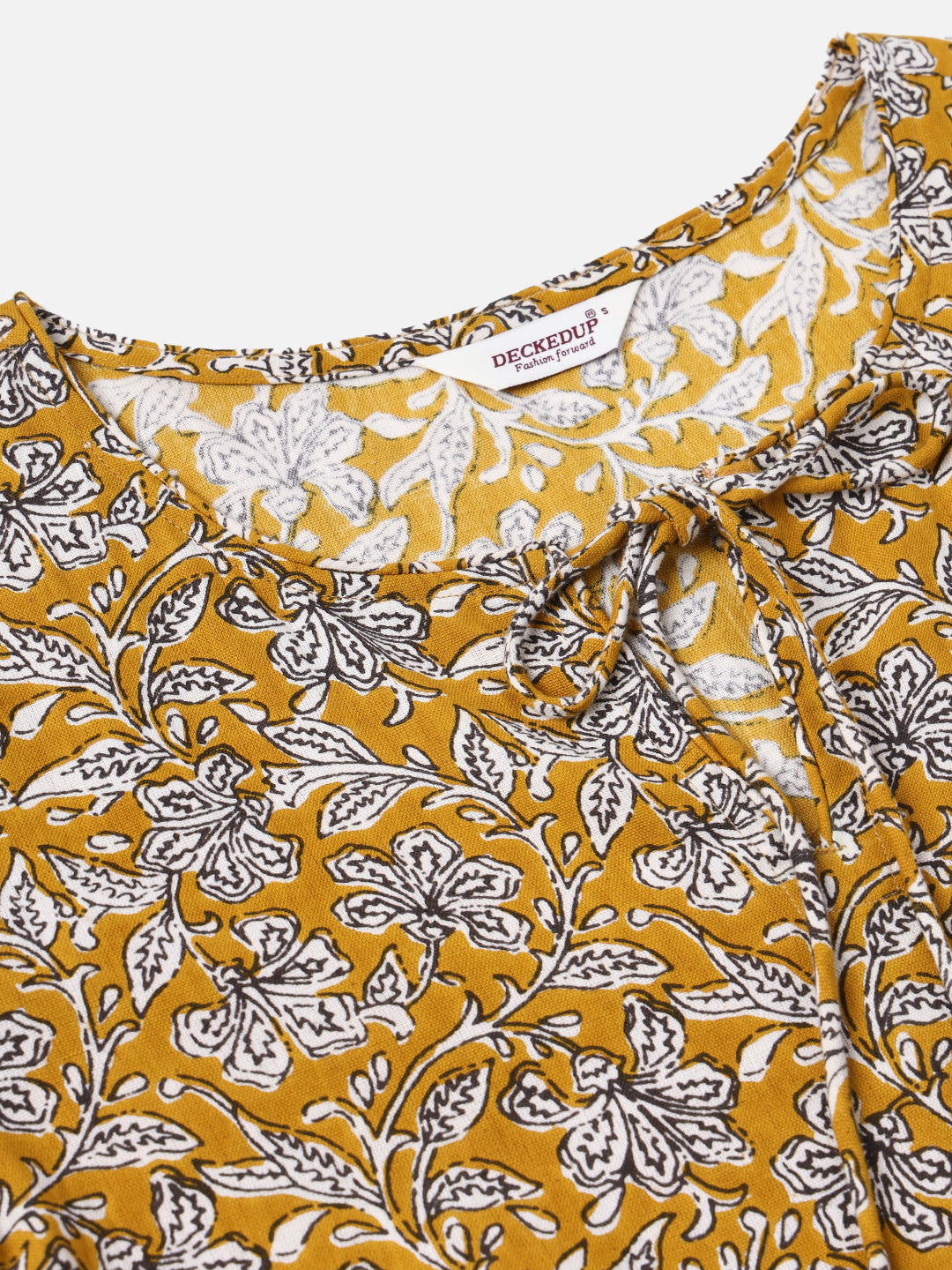 Mustard & White Printed Cotton Blend Cuffed Sleeve Dress